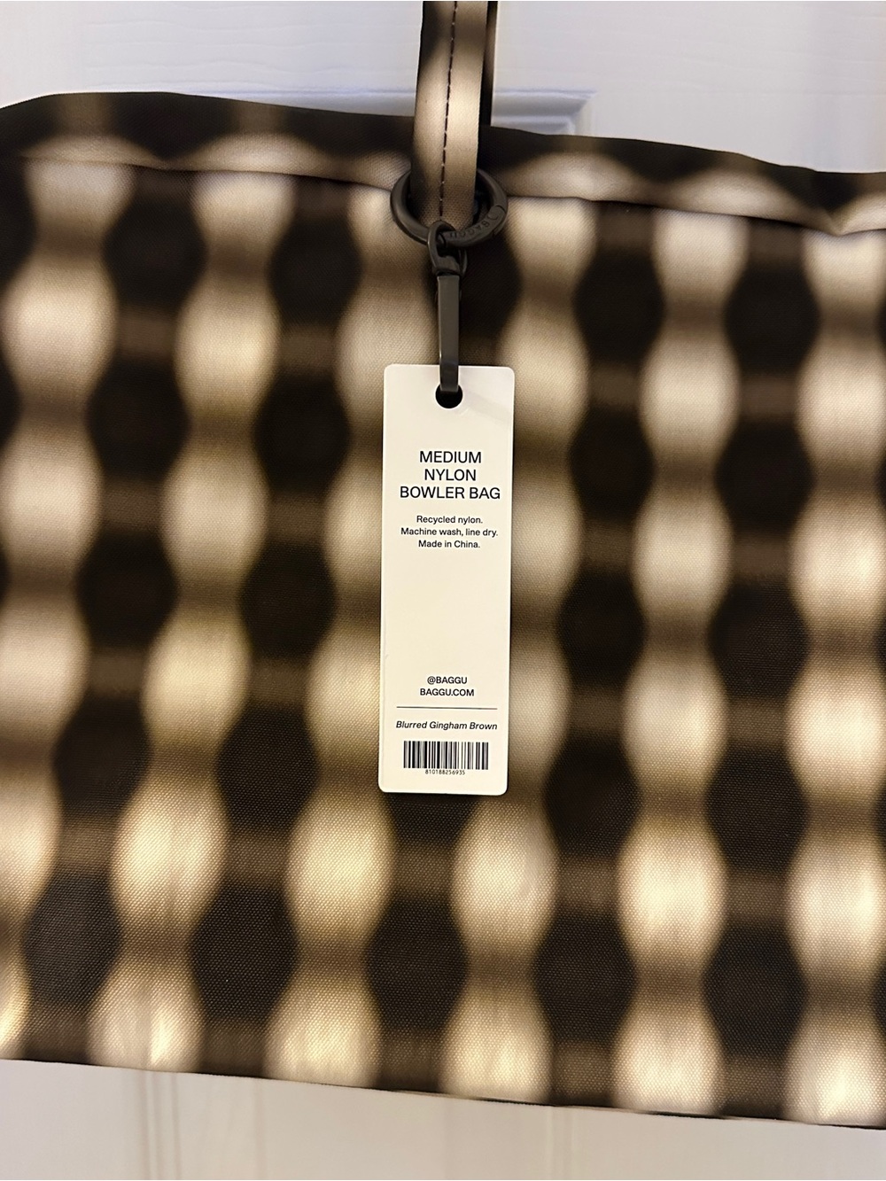 BAGGU Medium Bowler Bag | Blurred Gingham Brown - Picture 3 of 4